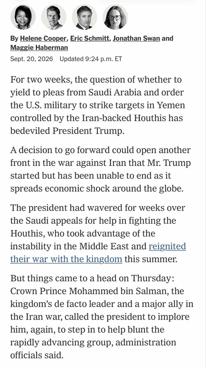 humeyra_pamuk's tweet photo. Per the NYT, Trump had decided to strike Houthi targets on Thursday after the Saudi Crown Prince called him again &amp; urged him to step in. But on Sunday, he changed his mind again and decided not to — just as target lists were approved &amp; troops were loading bombs onto US warplanes https://t.co/rTd5owfteY