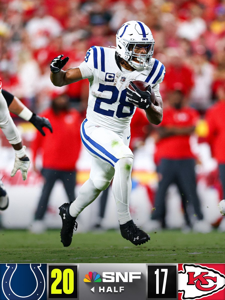 HALFTIME: Indy leads by 3️⃣ in KC.

INDvsKC on NBC/Peacock
Stream on @​NFLPlus 
 [📷](https://pbs.twimg.com/media/HStG2SsWIAEYff0.jpg) https://pbs.twimg.com/med