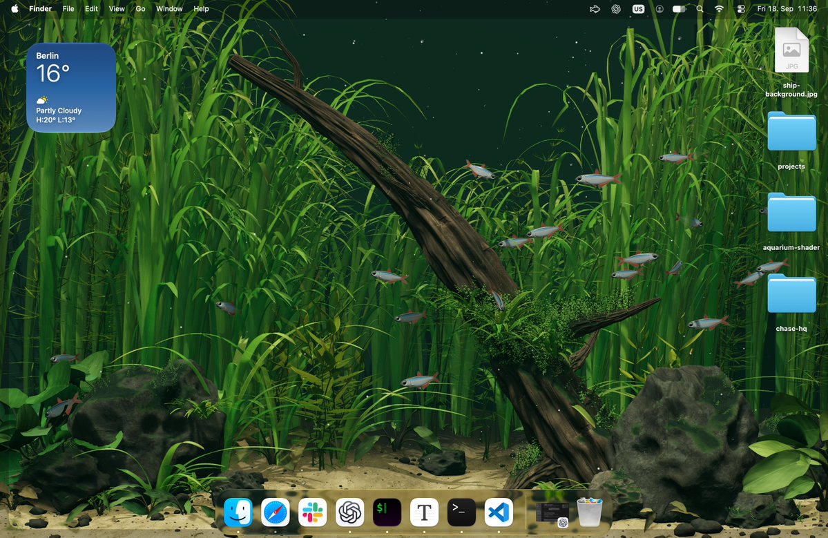 weiwei2018831's tweet photo. Desktop Habitats 是一款开源的 macOS 动态壁纸应用，把一个可以互动的淡水水族箱搬上你的桌面——鱼儿会追着鼠标游动、争抢饲料，水草在水流中摇曳，全部实时渲染且完全本地运行。https://t.co/aRfABzugni https://t.co/7FG4DmnEkQ