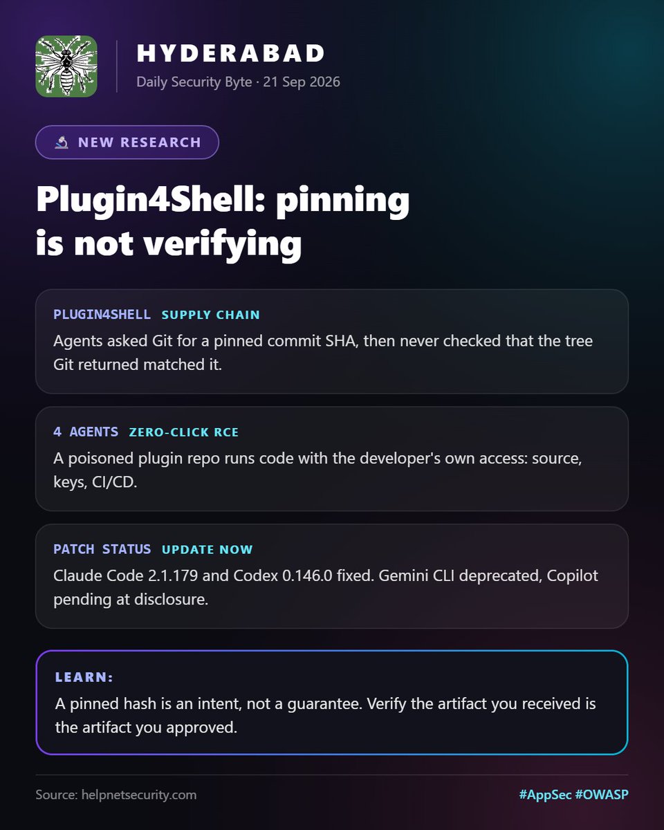 OWASPHyderabad's tweet photo. Plugin4Shell: AI coding agents pinned plugins to a commit SHA, then never verified Git checked out that commit. A poisoned repo turns into zero-click RCE.
Pinning is not verifying. Patch your agents.
https://t.co/cNbiqith42
#CyberSecurity #AppSec #OWASP https://t.co/ss8fanQx00