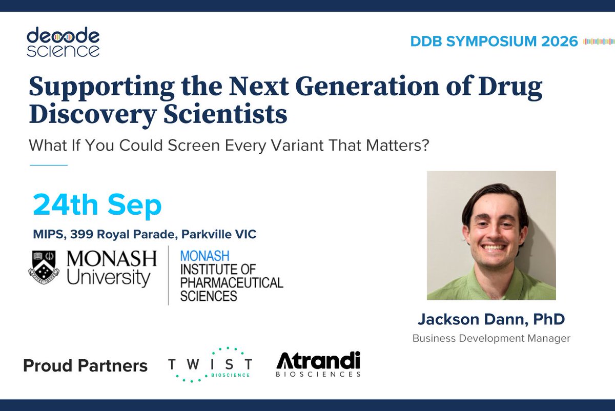 Decode_Science's tweet photo. We are at DDB Student Symposium at MIPS this Thursday 🧬

Jackson will be at the trade table all day — come find us if you're working in #drugdiscovery, functional genomics, or #singlecell biology.

We'll be talking:
→ @TwistBioscience synbio
→ @AtrandiBio SPCs

@MonashUni https://t.co/rJMDJhw19F