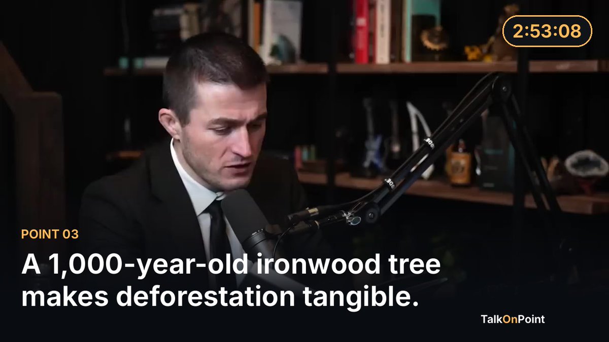 TalkOnPointApp's tweet photo. A 1,000-year-old ironwood tree makes deforestation tangible.

The Amazon is not just a stretch of green on a map. Rosolie points to ironwood trees that can be more than 1,000 years old, anchoring ecosystems that support thousands of organisms.

That timescale changes the meaning of a single act of logging. A tree felled for short-term profit can represent centuries of growth removed in minutes, while the surrounding habitat loses part of the structure on which other life depends.

The same forest is also the home of the Mashco Piro, whose survival depends on maintaining its integrity and isolation. Protecting ancient trees therefore protects more than biodiversity: it helps preserve the conditions under which an uncontacted people can continue its chosen way of life.

Rosolie’s conservation work frames the task as urgent and local. Forest protection must confront illegal logging, mining, and trafficking while giving nearby communities a reason and a role in stewardship.

What should count as the true cost when a centuries-old tree is treated as a short-term resource?

https://t.co/pxDmvLCwBE

#AmazonRainforest #PaulRosolie #JungleKeepers