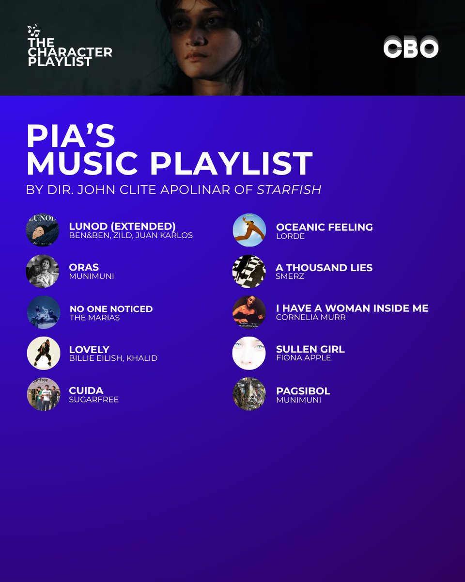 cbo_channel's tweet photo. Here are the character playlists of Pia and Domeng from 'Starfish,' curated by the film's director John Clite Apolinar.

Under the Shorts A cluster, catch 'Starfish' from September 23 to October 4. #PuregoldCinePanalo2026 

(https://t.co/XxP6OBpPii) https://t.co/YnOc8CRHRt