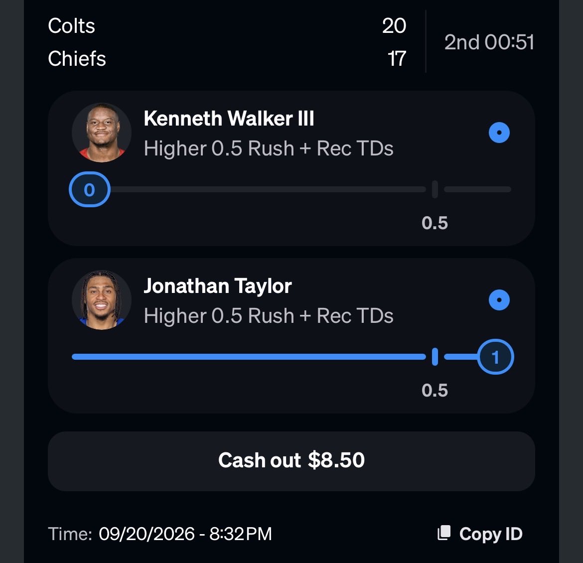 PropSlayerr's tweet photo. 🚨 ANYTIME TD DUO 🚨

We’re back with a Live Bet for the Sunday Night Matchup

Jonathan Taylor + Kenneth Walker III 🎯

Both RBs coming off massive Week 1 workloads!

Let’s bounce back from earlier.

2-LEG TD PARLAY @ 4.82x

#NFL  #Chiefs #Colts #Gambling𝕏 #Propbet #Propslayerr https://t.co/5Ba1OoVHMN