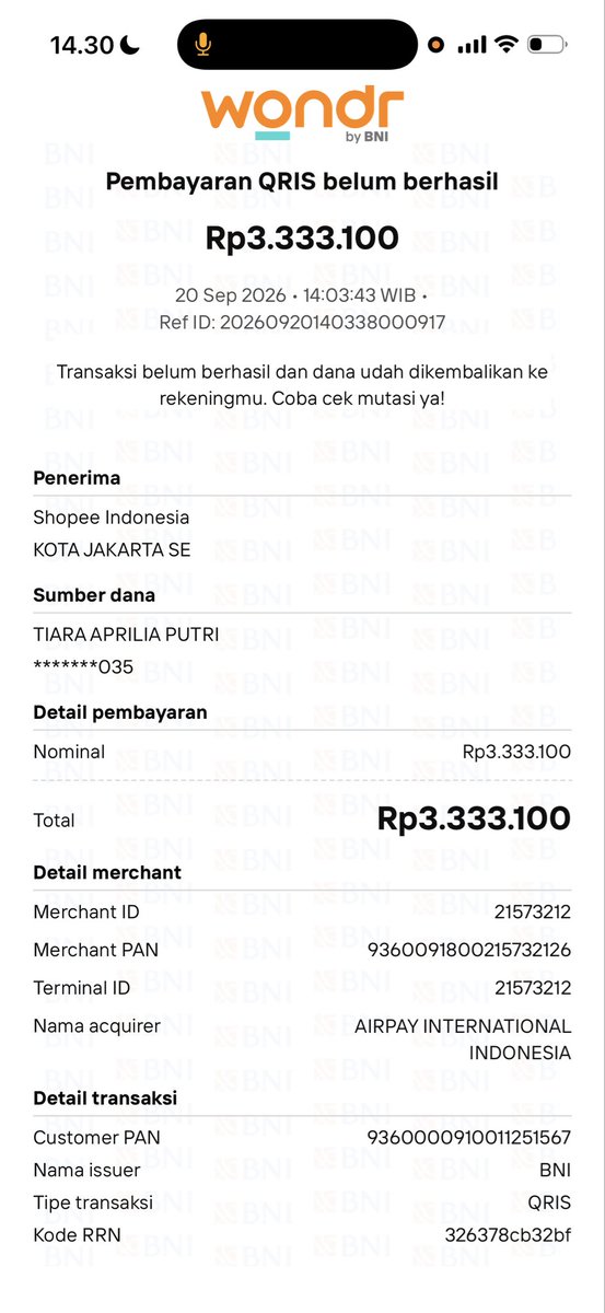 madebagasa's tweet photo. YTH BNI tolong segera dikerjakan perihal laporan saya sudah 2 hari , saldo saya terpotong padahal transaksi gagal dan hangus,
Saya bayar dishopee menggunakan qris lalu gagal tapi saldo saya terpotong , tolong segera diproses 
no laporan : 2-00039844969
@BNI @BNICustomerCare https://t.co/tTrauf26OO