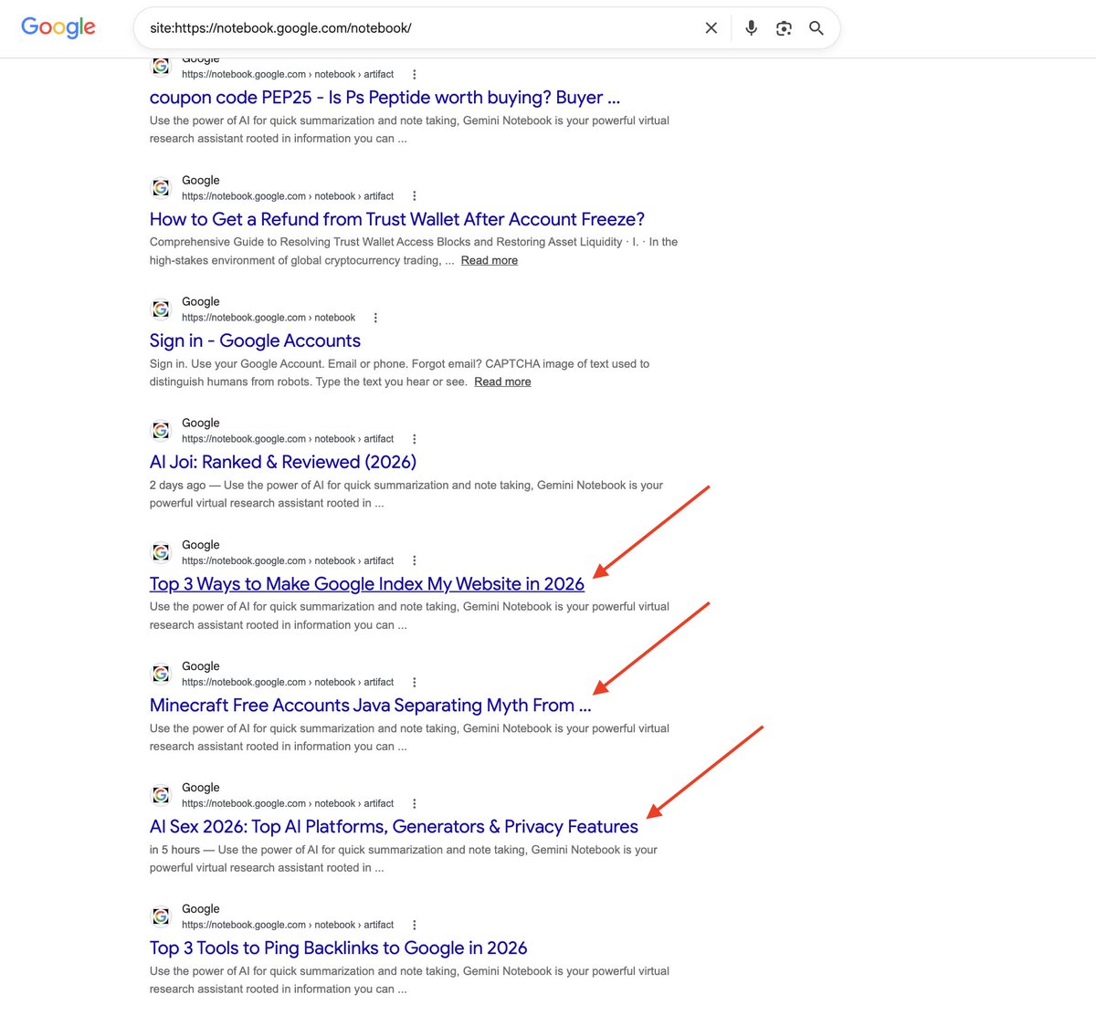 gaganghotra_'s tweet photo. black hat SEOs are leveraging public NotebookLMs being indexable by Google as a new parasite SEO tactic!

in case you already don't know!

google is indexing public Notebooks created in NotebookLM

and a lot of black hat SEOs are leveraging this for parasite SEO cuz those public Notebooks are hosted at 
notebook .google .com 
and cuz of google .com authority these URLs are performing well too

similar situation happened with Gemini chats too sometime back and Gemini team made some changes such that the public shareable links are not indexable by Google

rather it's just like you can take it and share it with your friend or someone else and they can see the conversation that you had with Gemini

and I feel like same is going to happen with these notebooks too

where NotebookLM team is going to make changes in robots.txt or maybe no index all these public URLs by implementing a noindex meta tag on all these pages

and it's just going to be that if you create a public shareable notebook, then you can just share it with others and it's not going to get indexed by any search engine
