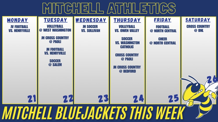 MHSBluejacketAD's tweet photo. This week in Mitchell sports: September 21st through September 26th includes four consecutive nights of games on Terry Cole Field (Monday through Thursday) & a home volleyball game Thursday in the Hive #MitchellPride #GoJackets https://t.co/Mi1kQVBAwd