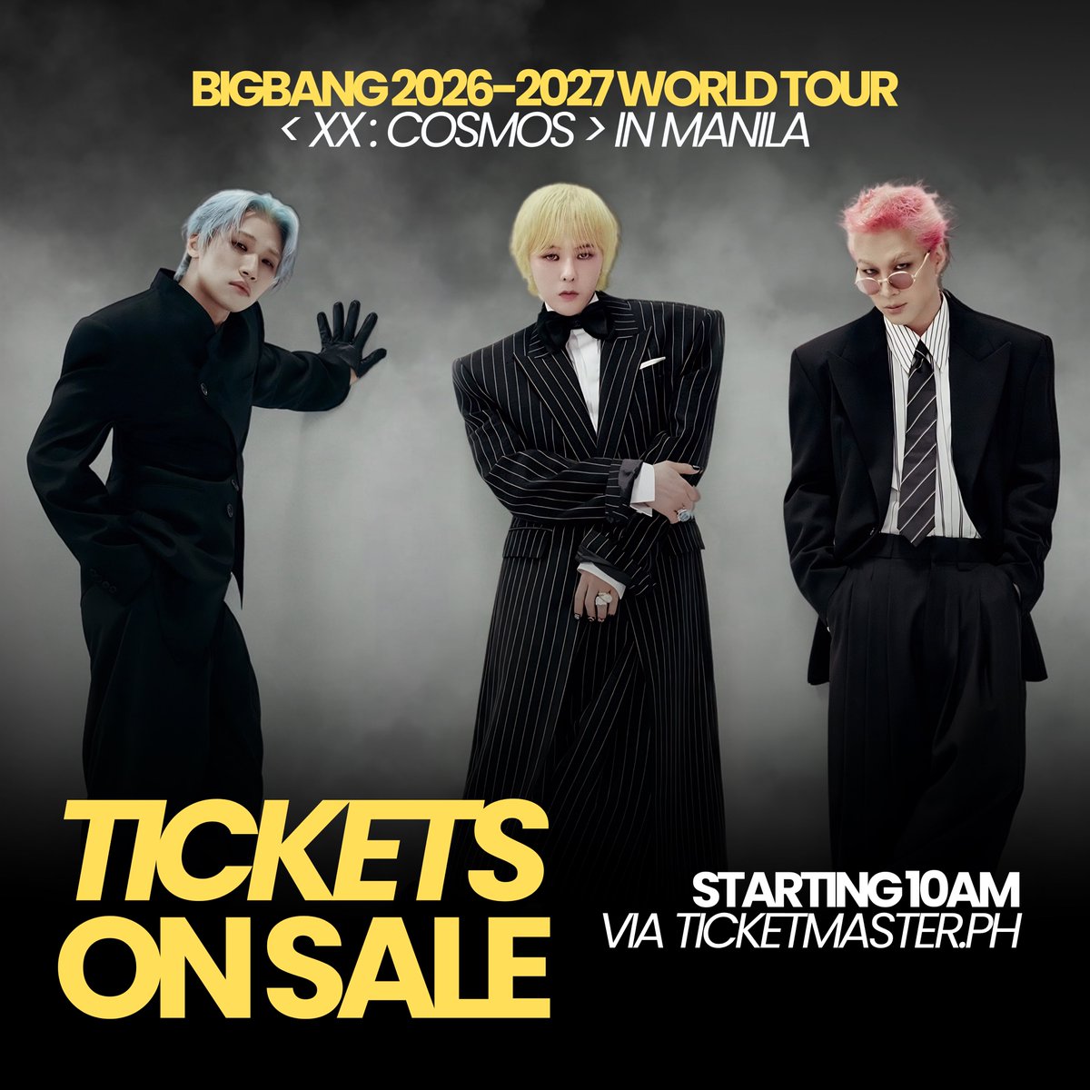 philconcerts's tweet photo. Philippine V.I.P, ilaban na ito! Your another chance is once again here 💛 

General ticket sale for the BIGBANG 2026-2027 WORLD TOUR < XX : COSMOS > IN MANILA is happening TODAY starting 10AM via https://t.co/GM061bWd0U 🎫

#COSMOS_WORLD_TOUR_IN_MANILA @ovationprod @aegpresentsasia