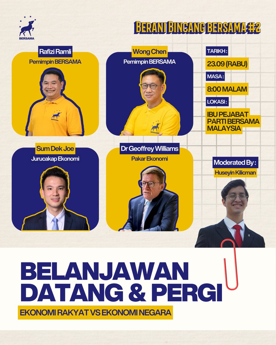 rafiziramli's tweet photo. 𝗕𝗘𝗥𝗔𝗡𝗜 𝗕𝗜𝗡𝗖𝗔𝗡𝗚 𝗕𝗘𝗥𝗦𝗔𝗠𝗔 #𝟮
𝗕𝗘𝗟𝗔𝗡𝗝𝗔𝗪𝗔𝗡 𝗗𝗔𝗧𝗔𝗡𝗚 𝗗𝗔𝗡 𝗣𝗘𝗥𝗚𝗜: 𝗘𝗞𝗢𝗡𝗢𝗠𝗜 𝗥𝗔𝗞𝗬𝗔𝗧 𝗩𝗦 𝗘𝗞𝗢𝗡𝗢𝗠𝗜 𝗡𝗘𝗚𝗔𝗥𝗔

Setiap tahun, Belanjawan dibentangkan oleh kerajaan dengan angka yang besar, dasar baharu dan pelbagai janji tentang masa depan negara.

Namun, bagi rakyat, persoalannya lebih mudah: selepas semua pengumuman dibuat, adakah kehidupan mereka benar-benar bertambah baik?

Dalam Berani Bincang BERSAMA #2, kita akan membincangkan hubungan antara ekonomi negara dan ekonomi yang dirasai oleh rakyat.

Butiran forum adalah seperti berikut:

𝗧𝗮𝗿𝗶𝗸𝗵: 
23 September 2026 (Rabu)

𝗠𝗮𝘀𝗮:
8.00 malam

𝗧𝗲𝗺𝗽𝗮𝘁:
Ibu Pejabat BERSAMA, No. 31 (atau 41), Jalan PP 16/4, Perdana Industrial Park, Taman Putra Perdana, 47130 Puchong, Selangor, Malaysia

𝗔𝗵𝗹𝗶 𝗣𝗮𝗻𝗲𝗹
Rafizi Ramli
Wong Chen
Sum Dek Joe
Dr Geoffrey Williams

*Turut disiarkan secara langsung di platform media sosial saya dan BERSAMA

Kerajaan boleh bercakap tentang pertumbuhan ekonomi, pelaburan, produktiviti, daya saing dan reformasi fiskal. Pada masa yang sama, rakyat masih berdepan dengan kos sara hidup yang tinggi, pendapatan yang tidak meningkat secukupnya, serta peluang pekerjaan yang belum tentu menjamin kehidupan yang lebih baik.

Adakah pertumbuhan ekonomi negara semestinya meningkatkan taraf hidup rakyat?

Apabila sumber negara terhad, apakah yang sepatutnya menjadi keutamaan kerajaan? Apabila kerajaan mengumumkan angka pertumbuhan, pelaburan dan pelbagai reformasi, apakah kesannya terhadap gaji, pekerjaan serta perbelanjaan harian rakyat?

Menjelang pembentangan Belanjawan 2027 pada 9 Oktober 2026, forum ini membuka ruang untuk kita melihat Belanjawan bukan sekadar senarai angka dan peruntukan.

Semua orang ramai dijemput hadir ke forum BERSAMA #2 ini. 

Daftar kehadiran di pautan berikut: https://t.co/OOZ0qnpVLc