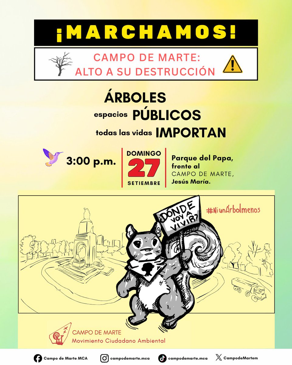 CampodeMartem's tweet photo. 🚨 ¡URGENTE! El Campo de Marte y nuestros espacios públicos están en peligro. No permitamos su destrucción. 🌳🚫

Este domingo 27 de setiembre, a las 3 p.m., marchamos desde el Parque del Papa (Jesús María). ¡Todas las vidas importan! 🐿️🦜

#NiunÁrbolMenos #CampoDeMarte #Lima https://t.co/YRCzljVXEi