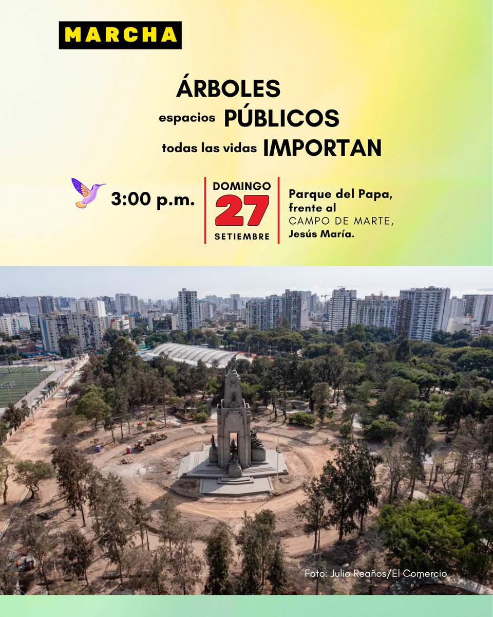 CampodeMartem's tweet photo. 🚨 ¡URGENTE! El Campo de Marte y nuestros espacios públicos están en peligro. No permitamos su destrucción. 🌳🚫

Este domingo 27 de setiembre, a las 3 p.m., marchamos desde el Parque del Papa (Jesús María). ¡Todas las vidas importan! 🐿️🦜

#NiunÁrbolMenos #CampoDeMarte #Lima https://t.co/YRCzljVXEi