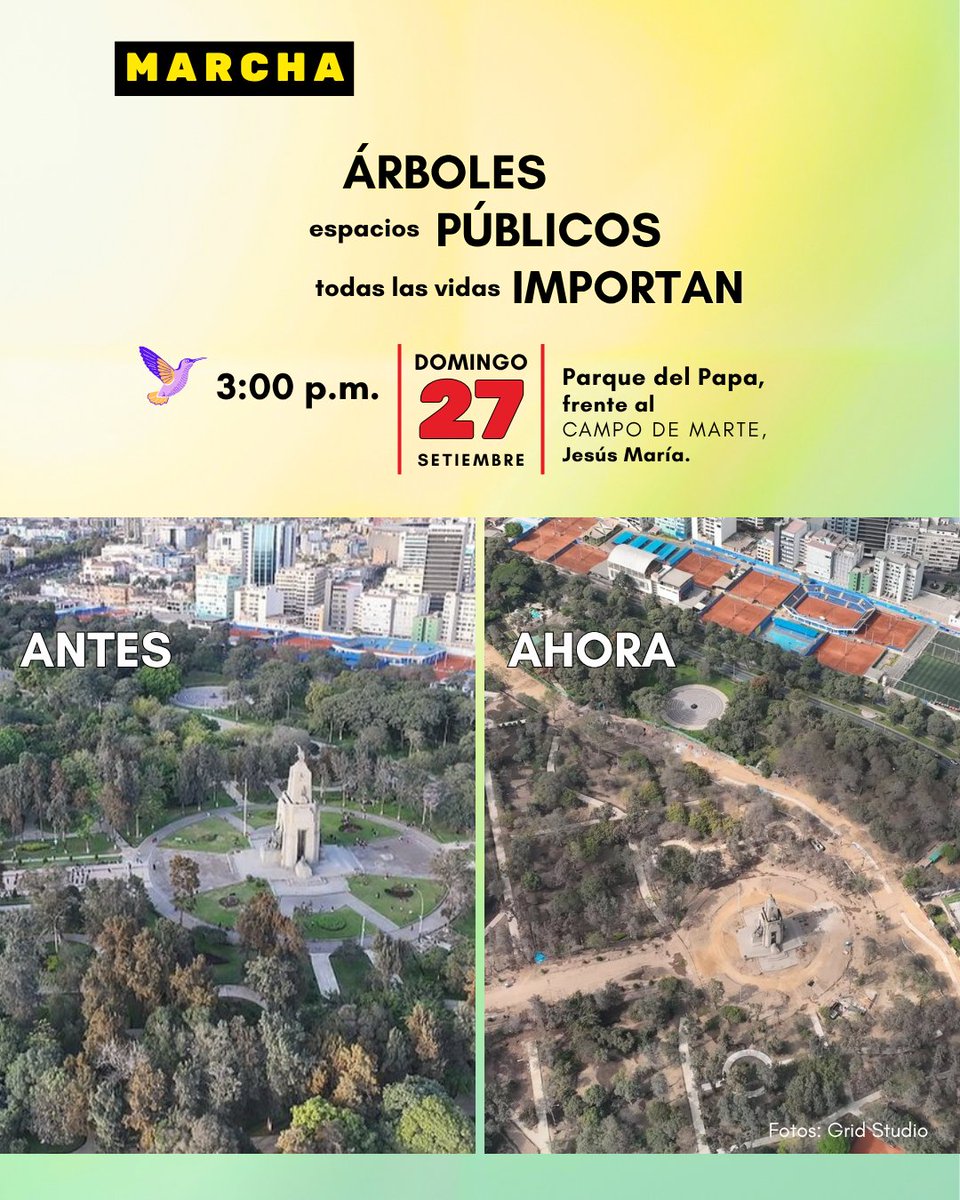 CampodeMartem's tweet photo. 🚨 ¡URGENTE! El Campo de Marte y nuestros espacios públicos están en peligro. No permitamos su destrucción. 🌳🚫

Este domingo 27 de setiembre, a las 3 p.m., marchamos desde el Parque del Papa (Jesús María). ¡Todas las vidas importan! 🐿️🦜

#NiunÁrbolMenos #CampoDeMarte #Lima https://t.co/YRCzljVXEi