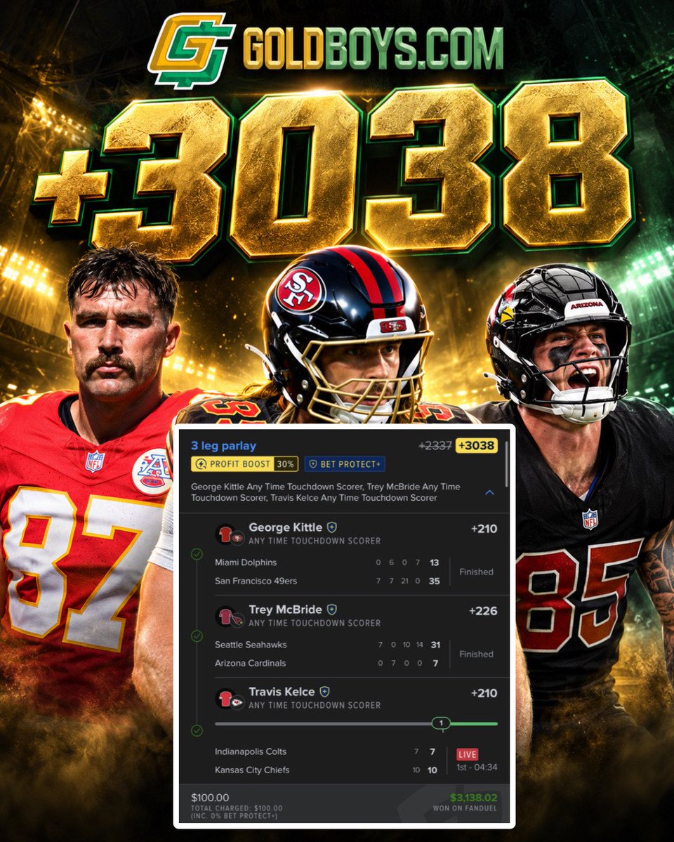 GoldBoys's tweet photo. 🏈 NFL SZN! 🏈

The +3038 TD Parlay is GREEN for @Larrylocks8 ✅

$100 ➡️ $3,138 🤑

DM us for limited discount code &amp; CASH with us! 👉 https://t.co/qoedw9ekJZ https://t.co/D9BWVkx6gv