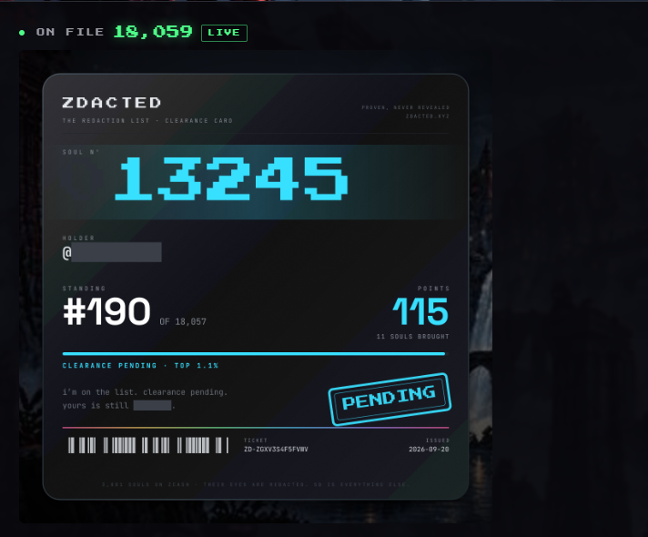 mrwarwal07's tweet photo. Early in. Still not cleared. 👀

Joined ZDACTED early, kept contributing, and now I’m sitting at #190 with 415 pts and 11 souls brought — but my clearance is still PENDING. 🕶️

The list keeps moving.
 No shortcuts. Just keep climbing.
@Zdacted
🔗 https://t.co/vcoTeD4gLl

#ZDACTED #Web3 #Onchain