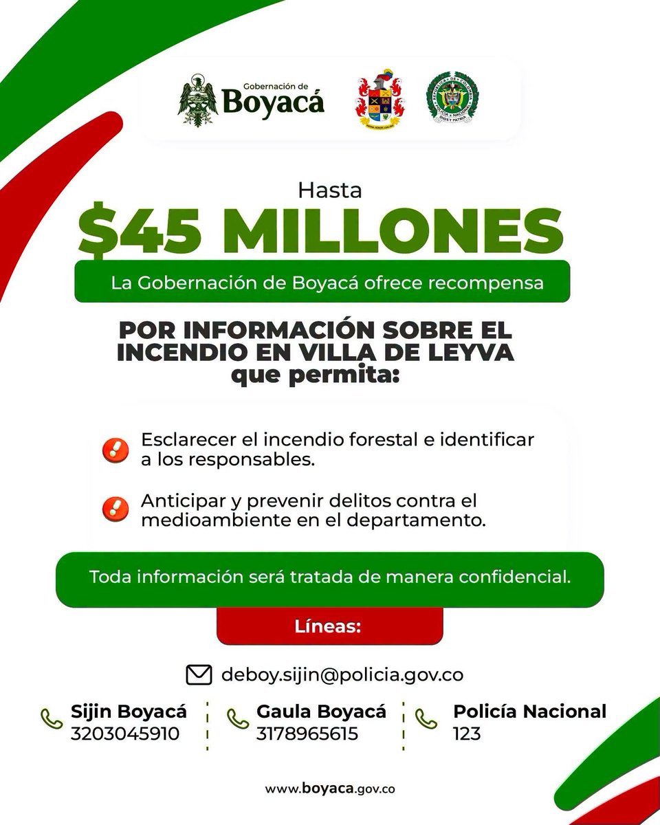 MuyEnojadoSoy's tweet photo. #RECOMPENSA 💲🚨
La Gobernación de Boyacá ofrece recompensa por información veraz que permita esclarecer el origen del incendio en Villa de Leyva.
Su reporte será manejado con total reserva.
Contactarse a las líneas telefónicas que aparecen en la imagen👇
#NoMasIncendios 🔥❌ https://t.co/zXILQU22bd