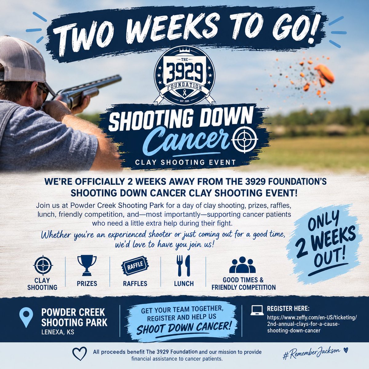 3929foundation's tweet photo. 🎯 ONLY 2 WEEKS TO GO! 🎯

Join us for The 3929 Foundation’s 2nd Annual Clays for a Cause: Shooting Down Cancer! 💙

Grab your team, get your tickets, and help us make a difference!

👉 Get tickets: https://t.co/SjL5CZ27oE

#ShootingDownCancer #The3929Foundation https://t.co/Diak8Lxb73