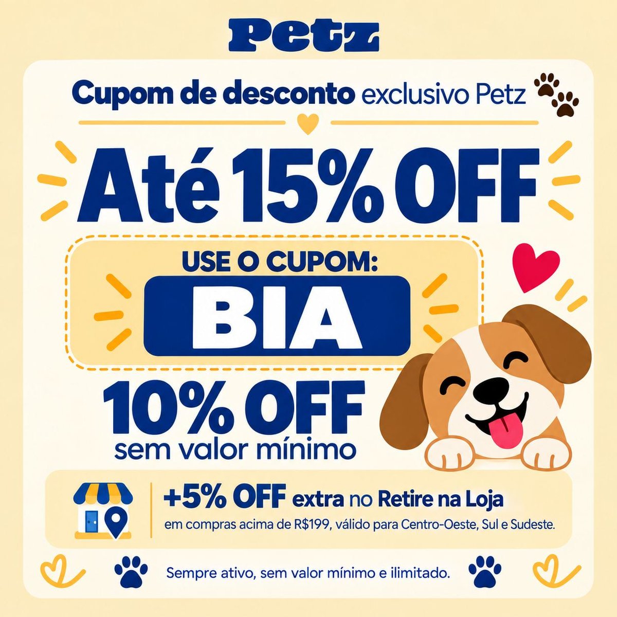 dicasbygabss's tweet photo. Cupom Petz: até 15% OFF!
Use o cupom BIA para ganhar 10% OFF.
Retire sua compra na loja para + 5% OFF.
Sempre ativo. Salve para usar em todas as suas compras. 💞😎 https://t.co/LCohBtzGo4