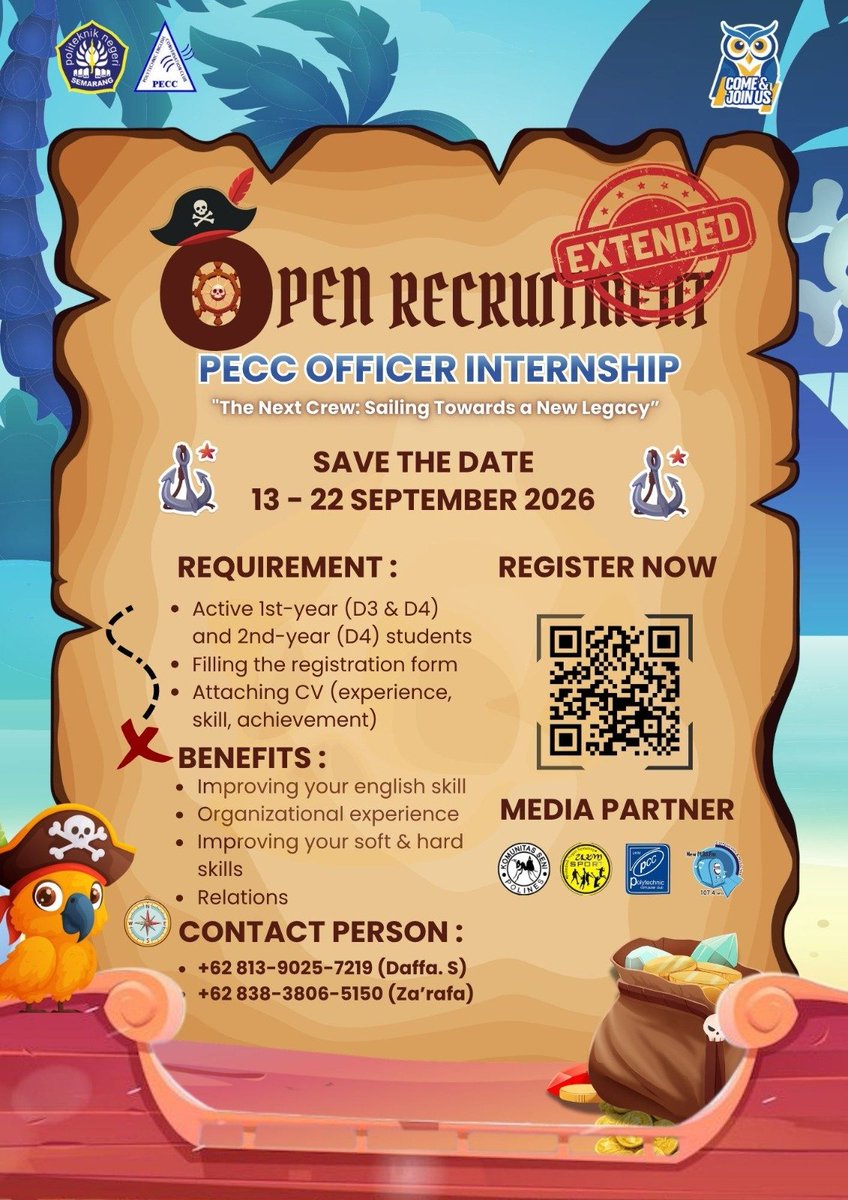 pecc_polines's tweet photo. �� EXTENDED! EXTENDED! EXTENDED! 🚨

Still thinking about joining PECC? 👀
Good news, guys! The registration for PECC Officer Internship 2026/2027 has been EXTENDED! 🎉✨

You still have more time to register and become part of the next PECC Officer! 🤩 https://t.co/qtzfhLiOsH