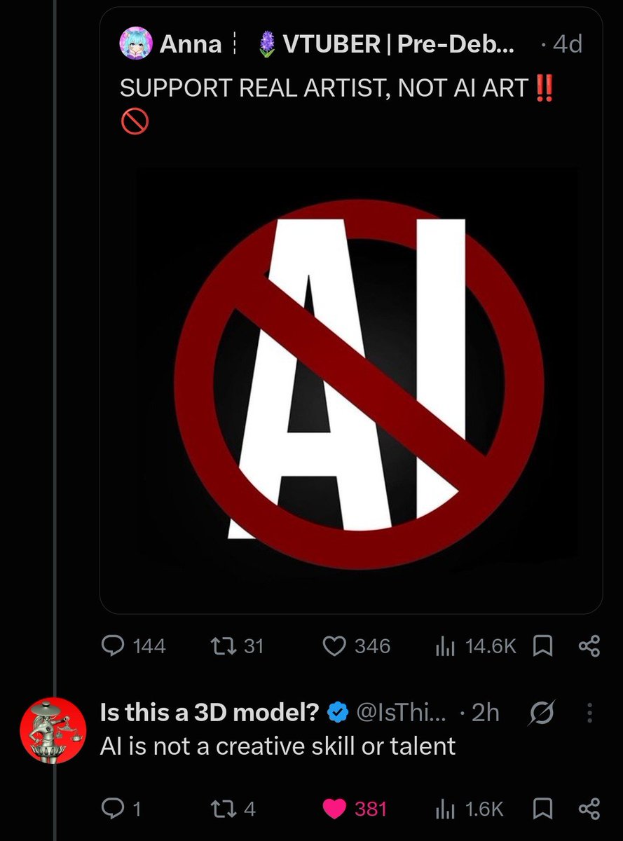 AkiraHeike's tweet photo. @shinypawmot1007 @IsThisA3DModel @AmoraBunny 1 day to 2 hours difference now 🥱

also if AI is sooooo creative, why do yall try to pass as real artists, fake speedpaints and modeling process everywhere instead of just saying its AI?

"oh but people will hate it"

well, real artists get hate too, so thats no excuse https://t.co/E06hNmOXdA
