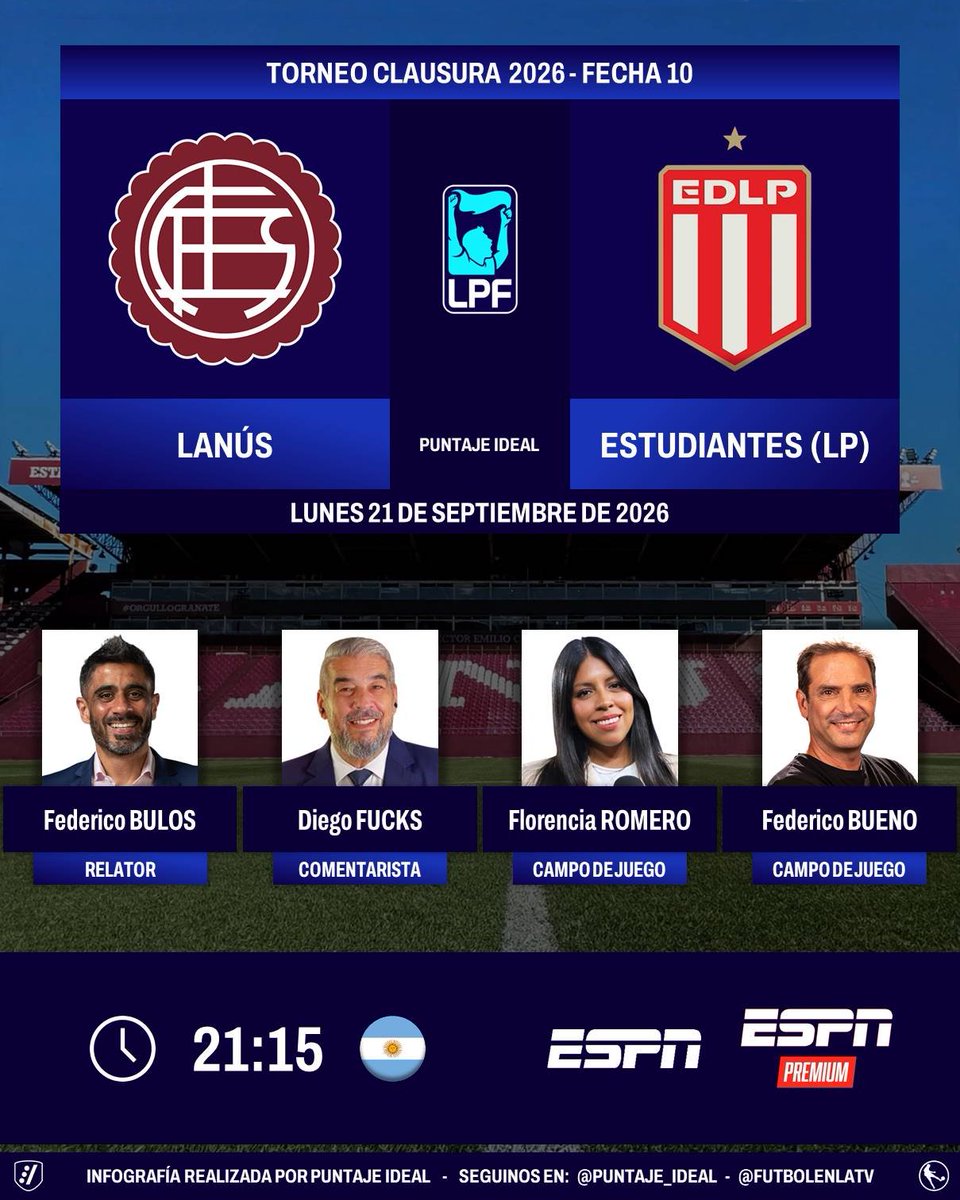 Puntaje_Ideal's tweet photo. ⚽ #TorneoClausura2026 🇦🇷 | #Lanus vs. #EstudiantesLP 
🎙️ Relator: @federicobulos 
🎙️ Comentarista: @ChavoFuchs 
🎙️ Campo de juego: @florjuy - @FedeBueno73 
📺 #ESPN - #ESPNPremium 🇦🇷
🤳 #LPFxESPN - #PackFutbol 
Dale RT 🔃 https://t.co/KNRLklqBra