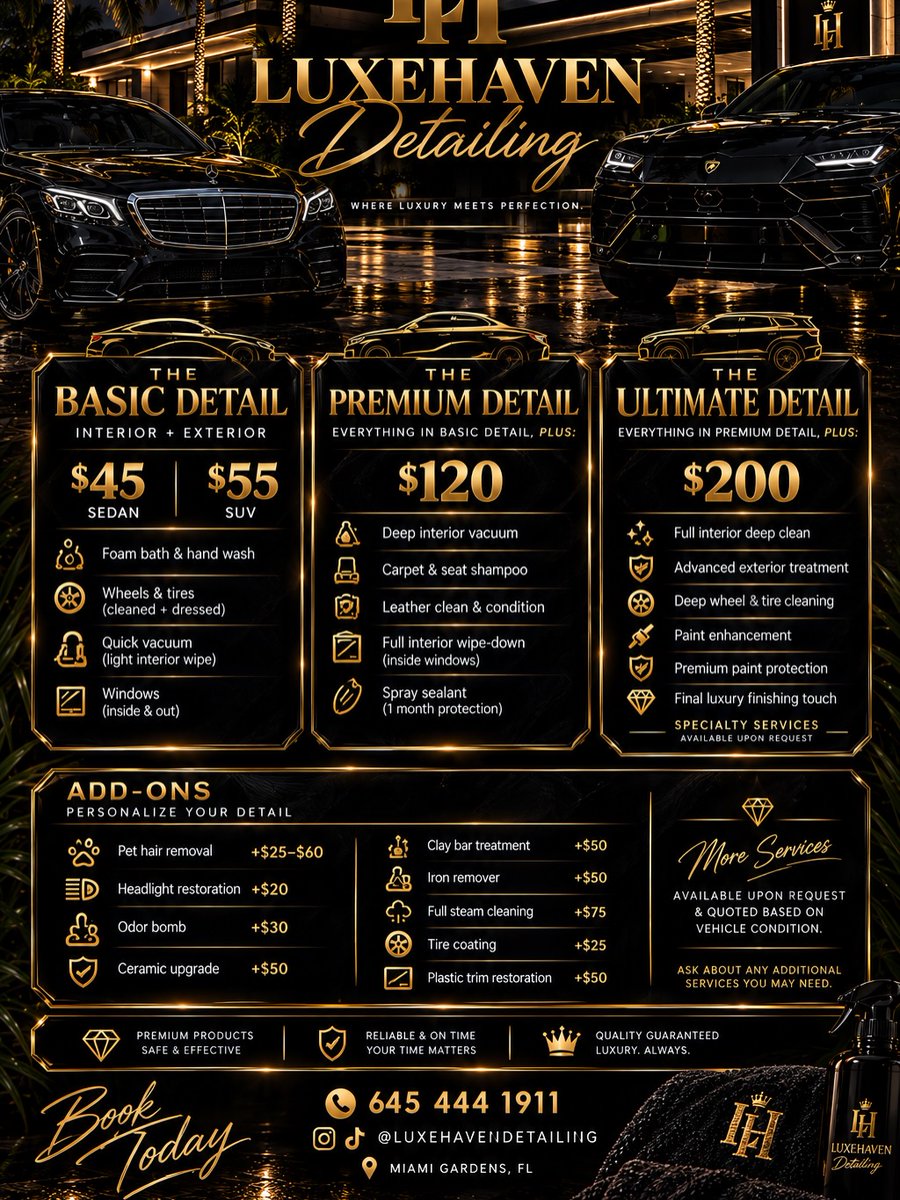 sugarfreexsteve's tweet photo. LuxeHaven Detailing

Miami’s go-to detailing spot. From everyday drivers to luxury and rental vehicles, we get them clean, fresh, and road-ready. Sedans $45 | SUVs $55
Premium and Ultimate details available. Specialty services upon request. Miami https://t.co/NGVKGP76kO