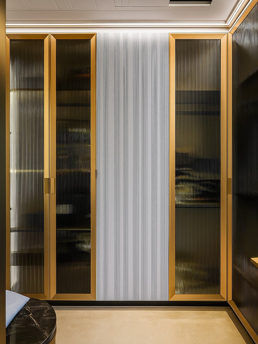 violetjacksonzc's tweet photo. Another wardrobe completed by Atul Kitchens &amp; Interiors. Its tapered copper-finish profile, fluted glass, and intricately CNC-designed PU shutters come together to create a luxurious work of art. https://t.co/jwy7eULil3