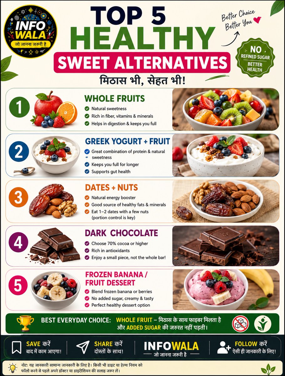 Sunni27589's tweet photo. Craving sweets but cutting sugar? Try these 5 healthier alternatives! No need to quit sweets—just make better choices and watch portions. Whole fruit, unsweetened Greek yogurt with fruit, dates with nuts, dark chocolate, and frozen fruit desserts https://t.co/eobxZ9D5qC