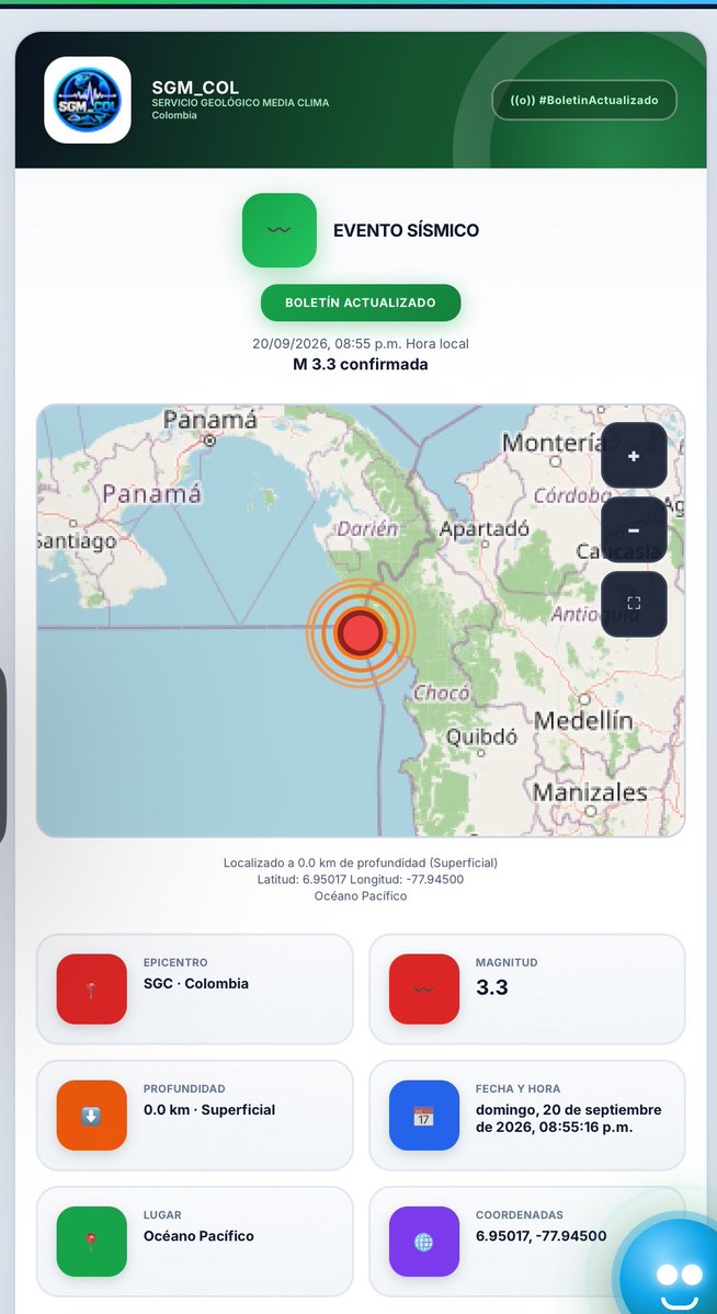 SGM_COL's tweet photo. 🚨 #SGM_COL · #BOLETÍN #ACTUALIZADO

🌎 #EVENTO #SÍSMICO
💥 #Magnitud 3.3

📍 #Sismo registrado en #Colombia 🇨🇴
📍 Epicentro USGS · Colombia
📍 Océano Pacífico

📏 Profundidad: 0.0 km
📅 Fecha: domingo, 20 septiembre 2026
🕗 Hora: 08:55:16 p.m.

🌐 Coordenadas: 6.95017, -77.94500

🔎 Ver en el mapa 2D:
https://t.co/6z6gTBGt0r

📰 Boletín actualizado:
https://t.co/1lofwhEr0M

📢 Reporte si lo sentiste:
https://t.co/90e59wxkC5

#Sismo #Temblor #Pacífico #Colombia #USGS #Alerta #ÚltimaHora