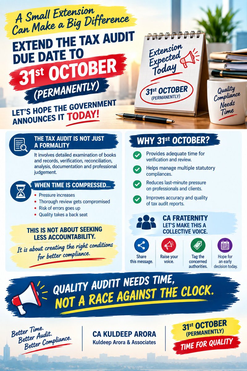 cakuldeeparora's tweet photo. A SMALL EXTENSION CAN MAKE A BIG DIFFERENCE

As the 30th September Tax Audit deadline approaches, Chartered Accountants and their teams are working under considerable time pressure.

A Tax Audit involves detailed verification of books and records, reconciliation, examination of supporting documents, tax analysis, documentation and professional review. Completing this work properly requires adequate time.

An extension of the due date to 31st October would provide an additional window for:

✅ Thorough verification and reconciliation
✅ Proper review of audit reports
✅ Better management of multiple statutory compliances
✅ Reduced last-minute pressure
✅ Greater focus on accuracy and quality

HOPE FOR AN EARLY DECISION

The expectation is that the Tax Audit timeline will be considered from the perspective of quality compliance as well as timely compliance.

This is not about less accountability.
It is about providing adequate time to discharge professional responsibility properly.

31ST OCTOBER — TIME FOR QUALITY

CA KULDEEP ARORA
Kuldeep Arora & Associates

#Extension_हक़_है_भीख_नहीं
#extend_TAR_due_date 
#extendduedateimmediately 
#extend_ITR_TAR_duedates 
#extendauditduedae 
#ExtendTARDueDate 
#ExtendTaxAuditDueDate
