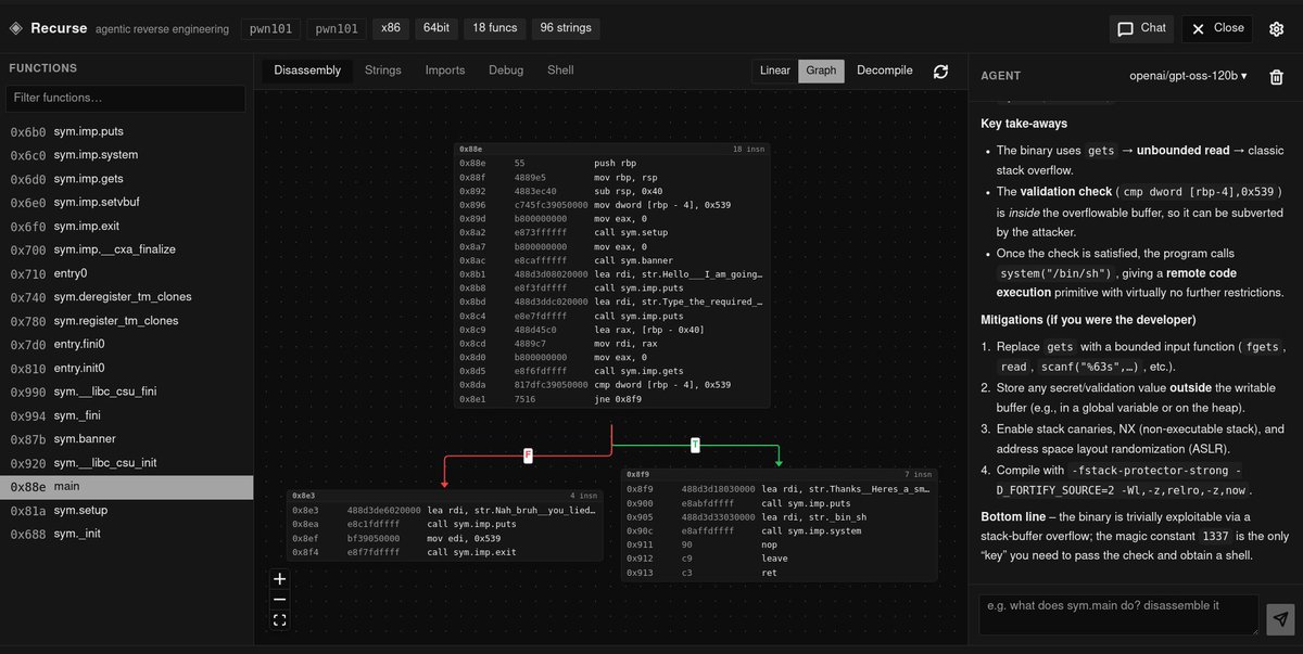 5mukx's tweet photo. Recurse: Agentic reverse engineering environment with Ghidra-class desktop app. Built with Tauri 2 on top of an existing RE toolchain: radare2 does all parsing, analysis, disassembly, xrefs, strings and imports; r2ghidra (optional) provides decompilation.

Github:- https://t.co/nyk5FmEx0i