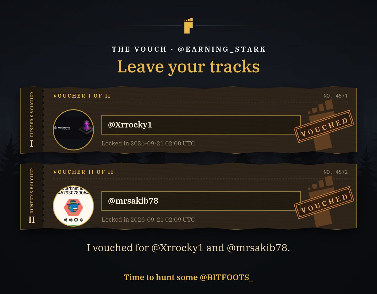 _stark6's tweet photo. I vouched for @Xrrocky1 and @mrsakib78.

The tracks don't lie. Time to hunt some @BITFOOTS_ https://t.co/rYKP8WYtZ6 https://t.co/Jjmeipo5Sx