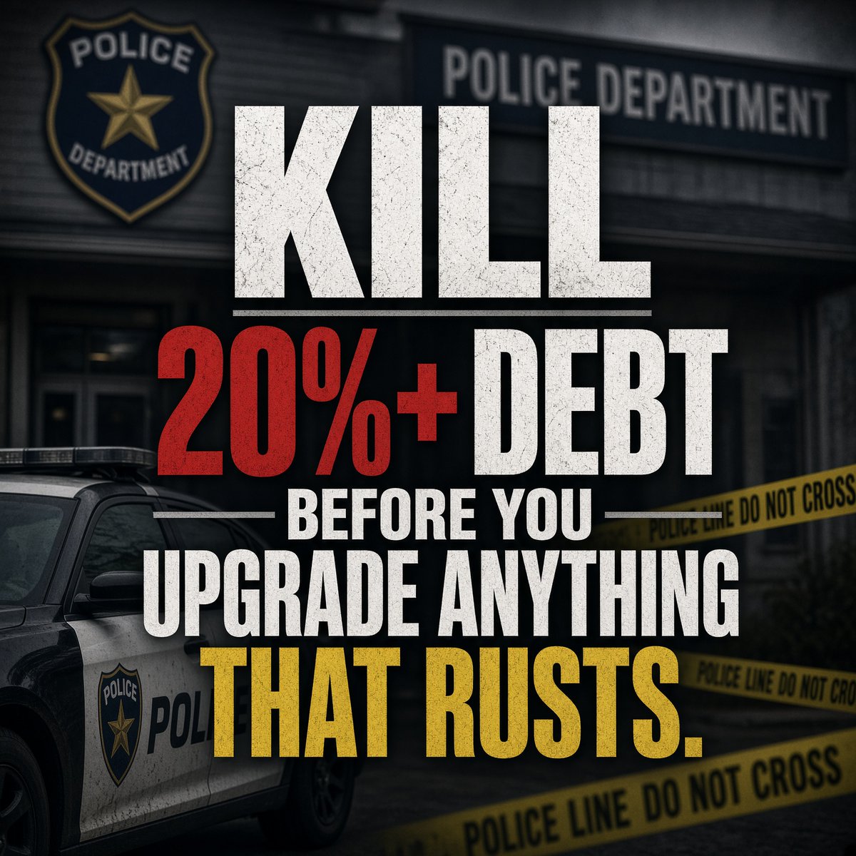 millionairecop's tweet photo. Kill 20%+ debt before you upgrade anything that rusts.

New truck. New tools. New “I earned it.” Fair emotion. Brutal math.

If the card and the lot are growing faster than the 457, that lifestyle is leasing your future. Step raises disappear into interest. OT becomes oxygen. Year-five still feels broke.

Pay the expensive money first. Then buy the thing.

The lot doesn’t care. Future-you does.

#police #lawenforcement #financialwellness