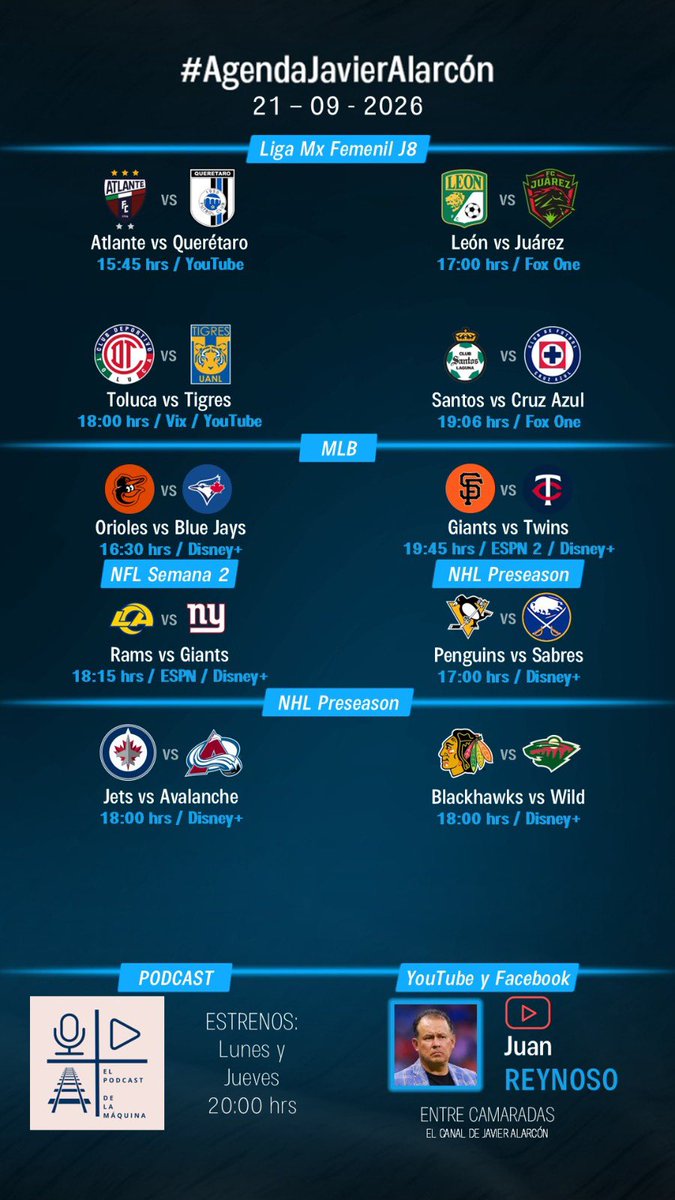Javier_Alarcon_'s tweet photo. #AgendaJavierAlarcon | #LigaFemenilBBVA #MLB #NFL #NHL #EntreCamaradas https://t.co/i5fL9vvKWg