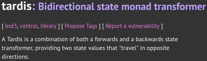 effectfully's tweet photo. I believe Haskell’s relative unpopularity stems from poor state-handling patterns. Sure, we have the tardis monad, which allows state to travel both forwards and backwards, but it lacks reentrance.

To address this, I’ve started working on a reentrant tardis monad: retardis. https://t.co/5cIDV7dRZg