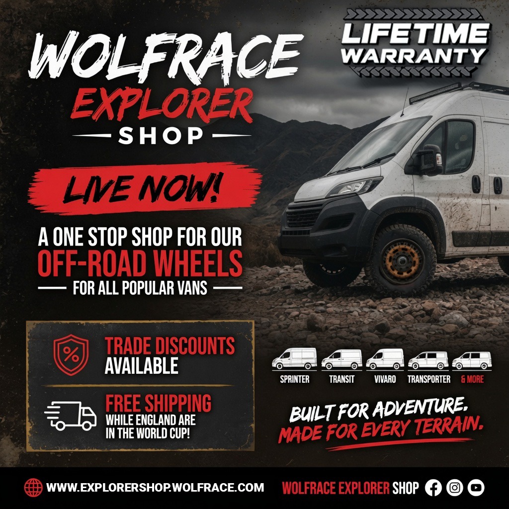 BeckyBridgen's tweet photo. Wolfrace Explorer Shop: Free shipping while England are in the World Cup with code “ENGLAND2WIN”. Give your van a tough Swamper look with our full Explorer range of off-road wheels and ready-to-fit wheel and tyre packages, tailored to your vehicle. https://t.co/UuWcW8Z0uh