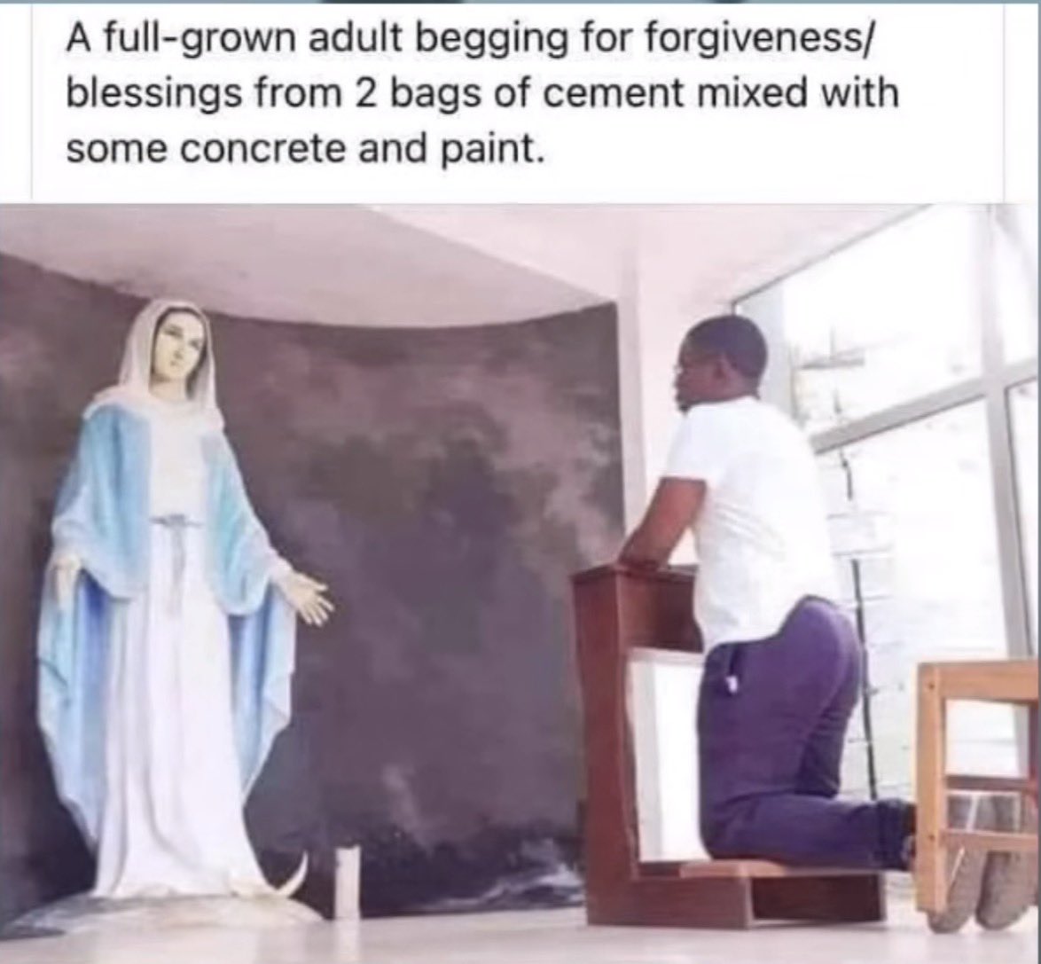 AxadJimco's tweet photo. Welcom to Christianity where they beg forgiveness from statues of women https://t.co/YS2LBBkoui