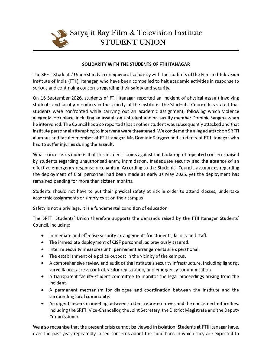voiceofftiii's tweet photo. Heartfelt thanks to the students of SRFTI @SrftiO for standing in solidarity with FTII Itanagar students and faculty. Your support strengthens our call for safety, justice, and accountability.
#FTIIItanagar #FTIIStudents #FTIIProtest #AcademicHalt #CISF #WomensSafety https://t.co/DuvglTtvyQ