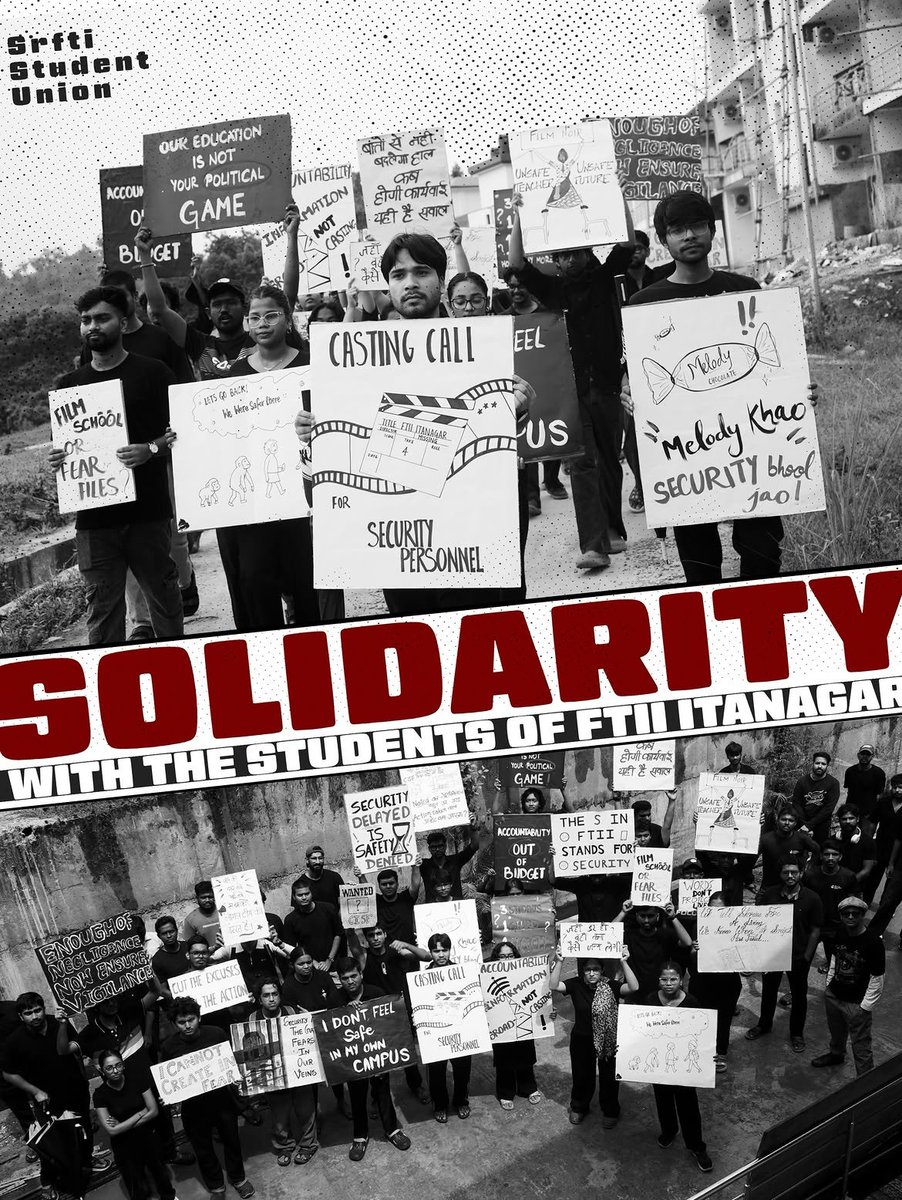 voiceofftiii's tweet photo. Heartfelt thanks to the students of SRFTI @SrftiO for standing in solidarity with FTII Itanagar students and faculty. Your support strengthens our call for safety, justice, and accountability.
#FTIIItanagar #FTIIStudents #FTIIProtest #AcademicHalt #CISF #WomensSafety https://t.co/DuvglTtvyQ