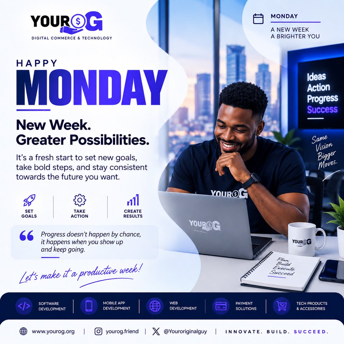 Youroriginalguy's tweet photo. New week. New goals. New opportunities. 🚀

Show up, take action, and keep moving forward. Let’s make this week count! 💙

#HappyMonday #YourOG #NewWeek #MondayMotivation #Tech #DigitalFuture #Innovation https://t.co/UskV8p6Lxc