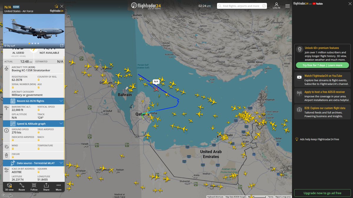 AIYeyENGDdJkjTr's tweet photo. Sept. 21, 2026
#Al-Udeid Air Base ==> #Persian Gulf 
#NoCALLSIGN #AE07BE USAF KC-135R Stratotanker 

#Al-Udeid Air Base ==> #Gulf of Oman
#NoCALLSIGN #AE63BC USAF KC-46A Pegasus 
#NoCALLSIGN #AE5FA6 USAF KC-46A Pegasus https://t.co/CfxIXwA2Uc