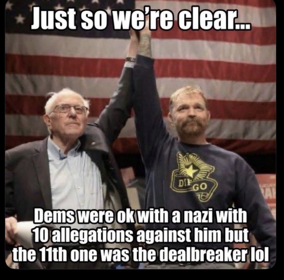 JumpinJaque's tweet photo. @BernieSanders Remember when you were desperate to install this Nazi perv as a reasonable example of a representative leader? We sure do. 

Go fuck yourself, grifter. https://t.co/75YDLW5Dtu
