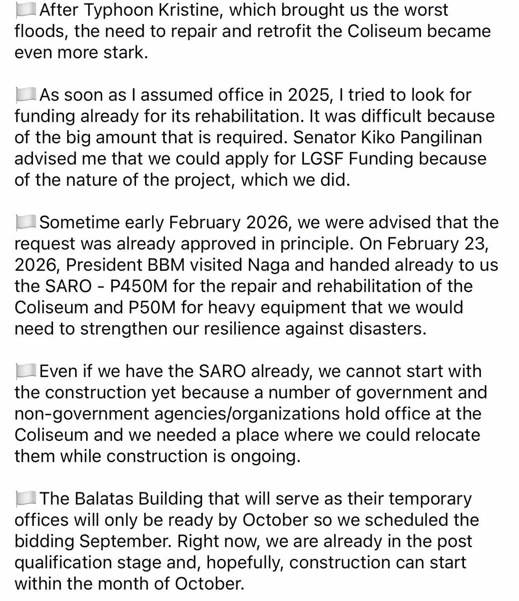 newswatchplusph's tweet photo. ROBREDO DEFENDS ₱500-M GRANT FROM MARCOS ADMIN TO NAGA

Naga City Mayor and former Vice President Leni Robredo details how the ₱500-million national government grant to her city will be spent following questions raised over the allocation.

In a Facebook post, Robredo says ₱450 million will be used to rehabilitate the Jesse M. Robredo Coliseum, which has become the city’s largest evacuation center despite lacking basic facilities for displaced families. The remaining ₱50 million will fund heavy equipment for disaster response.

She says the request was approved in principle in early February, with President Bongbong Marcos personally handing Naga the SARO on Feb. 23.

Caloocan Rep. Egay Erice previously questioned the allocation to Naga.

📸 Leni Robredo/FB