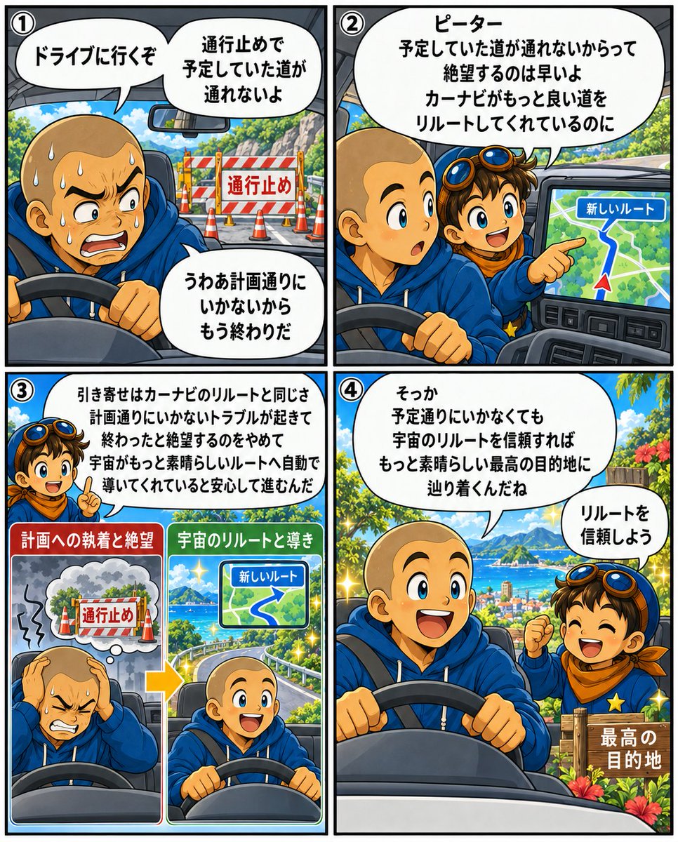 pepe222peter's tweet photo. 「計画通りにいかない…」と、
トラブルが起きて絶望していませんか？🚗

引き寄せは「カーナビのリルート」と同じ。通行止めがあっても、カーナビはすぐに別の良い道を再探索してくれます。

計画への執着をやめ、宇宙がもっと素晴らしいルートへ導いてくれていると安心して進む法則は図解で😌
👇 https://t.co/UZ5i0El0av