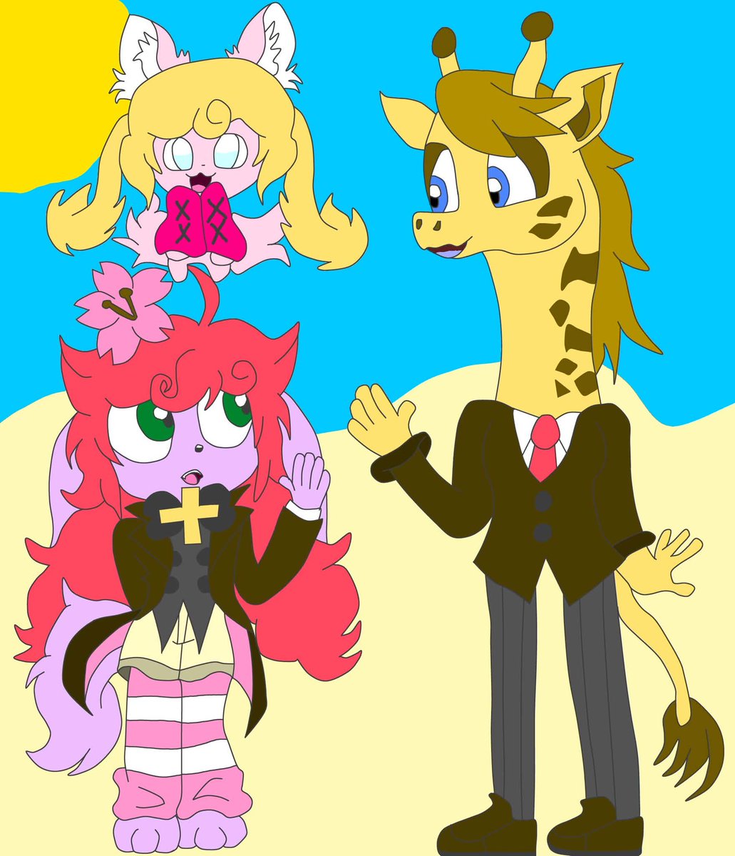 SakuraTeaCR's tweet photo. Gonna leave for the night with a drawingI made for my boss. She likes giraffes, but I don't do realism really, so I made a cartoon like one that meets my girl Sakura. Also, she finally gets her colors!

Character up top is named Marshmallow, for her love of marshmallows. https://t.co/2HCIyf26MR