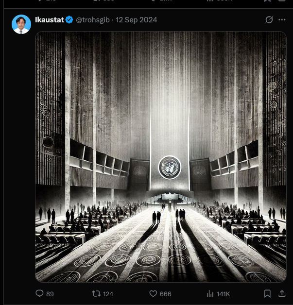 GnosticWatcher's tweet photo. All world leaders will gather in New York.
9/21 International Day of Peace.

Ikaustat timestamp 11:11 PM EDT 9/11/2024.
11:11 is strongly associated with peace.
9/11 on the Julian calendar is 9/24.

"Remembrance Day is observed on 11 November to recall the end of First  World War hostilities. Hostilities ended "at the 11th hour of the 11th  day of the 11th month" of 1918, in accordance with the armistice signed by representatives of Germany and the Entente between 5:12 and 5:20 that morning. ("At the 11th hour" refers to the passing of the 11th hour, or 11:00 am.) The First World War formally ended with the signing of the Treaty of Versailles on 28 June 1919.[2]"