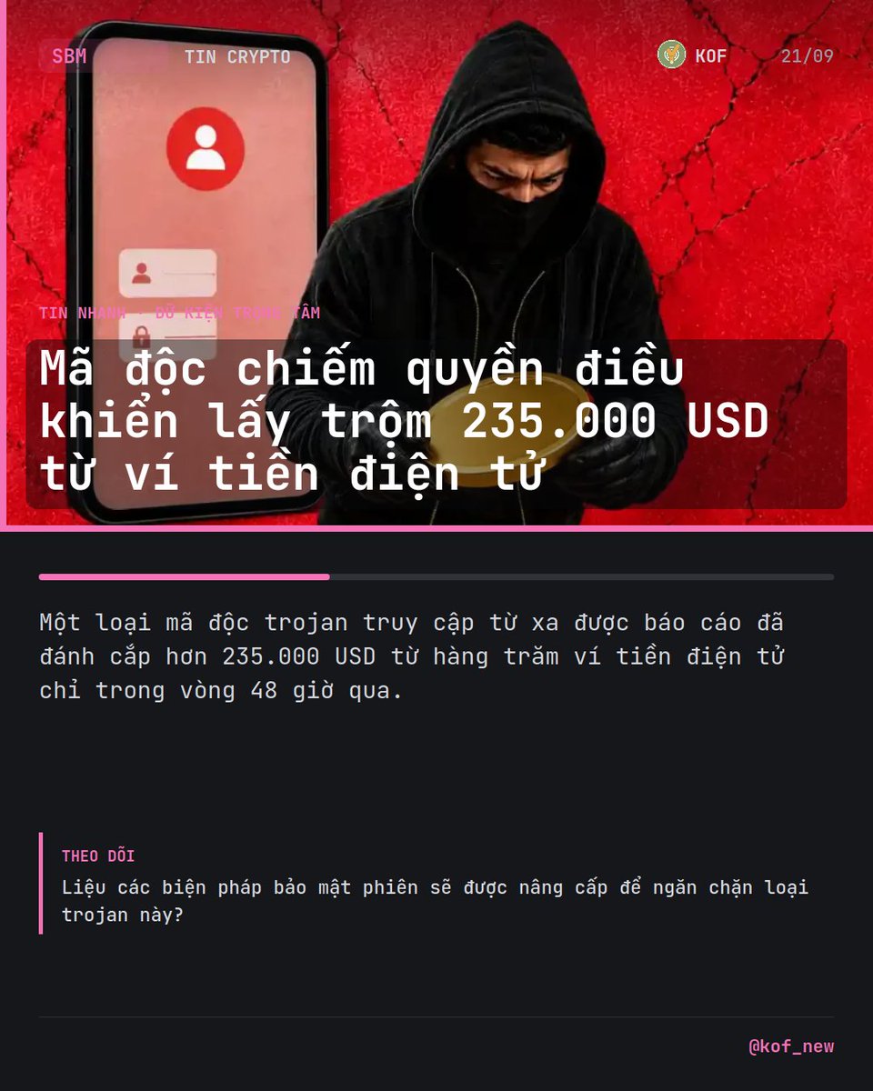 kof_new's tweet photo. Mã độc trojan truy cập từ xa đã lấy trộm 235.000 USD từ các ví tiền điện tử trong 48 giờ. Các báo cáo cho thấy loại mã độc này đã chiếm quyền điều khiển phiên làm việc của người dùng để đánh cắp tài sản. Hàng trăm ví tiền điện tử đã bị ảnh hưởng bởi cuộc tấn công này trong thời gian ngắn.
▪️ Ngoài việc chiếm quyền điều khiển phiên, một vụ lừa đảo liên quan cũng được phát hiện. Nạn nhân bị lừa thực hiện hướng dẫn trên YouTube để xây d���ng một công cụ giao dịch AI giả mạo. Cơ chế lây nhiễm chính được nghi ngờ là thông qua việc chiếm quyền điều khiển phiên làm việc của người dùng.
▪️ Kẻ tấn công có thể đã sử dụng các kỹ thuật đánh cắp phiên để vượt qua lớp bảo mật thông thường.
▪️ Nếu các nền tảng giao dịch không thắt chặt xác thực đa yếu tố, mã độc có thể tiếp tục khai thác các phiên làm việc đang hoạt động.
▪️ Liệu các biện pháp bảo mật phiên sẽ được nâng cấp để ngăn chặn loại trojan này?
#Crypto #KOF