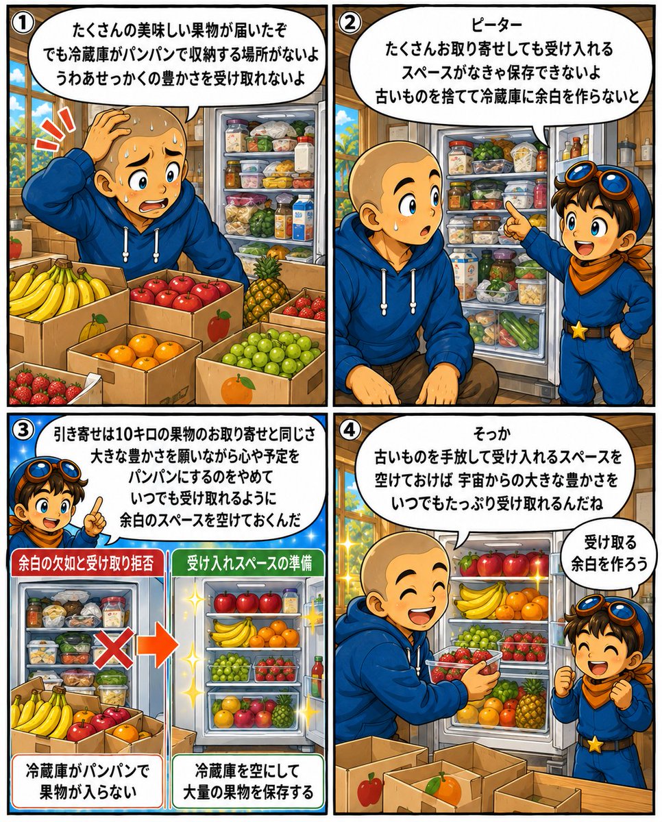 pepe222peter's tweet photo. 「もっと豊かになりたい！」と願いながら、
心や予定がパンパンになっていませんか？📦

引き寄せは「果物のお取り寄せ」と同じ。10キロの果物が届いても、冷蔵庫に空きがないと受け取れません。

古いものを手放し、いつでも豊かさが入ってくるように余白（スペース）を空けておく法則は図解で😌
👇 https://t.co/if5VyvfZhE