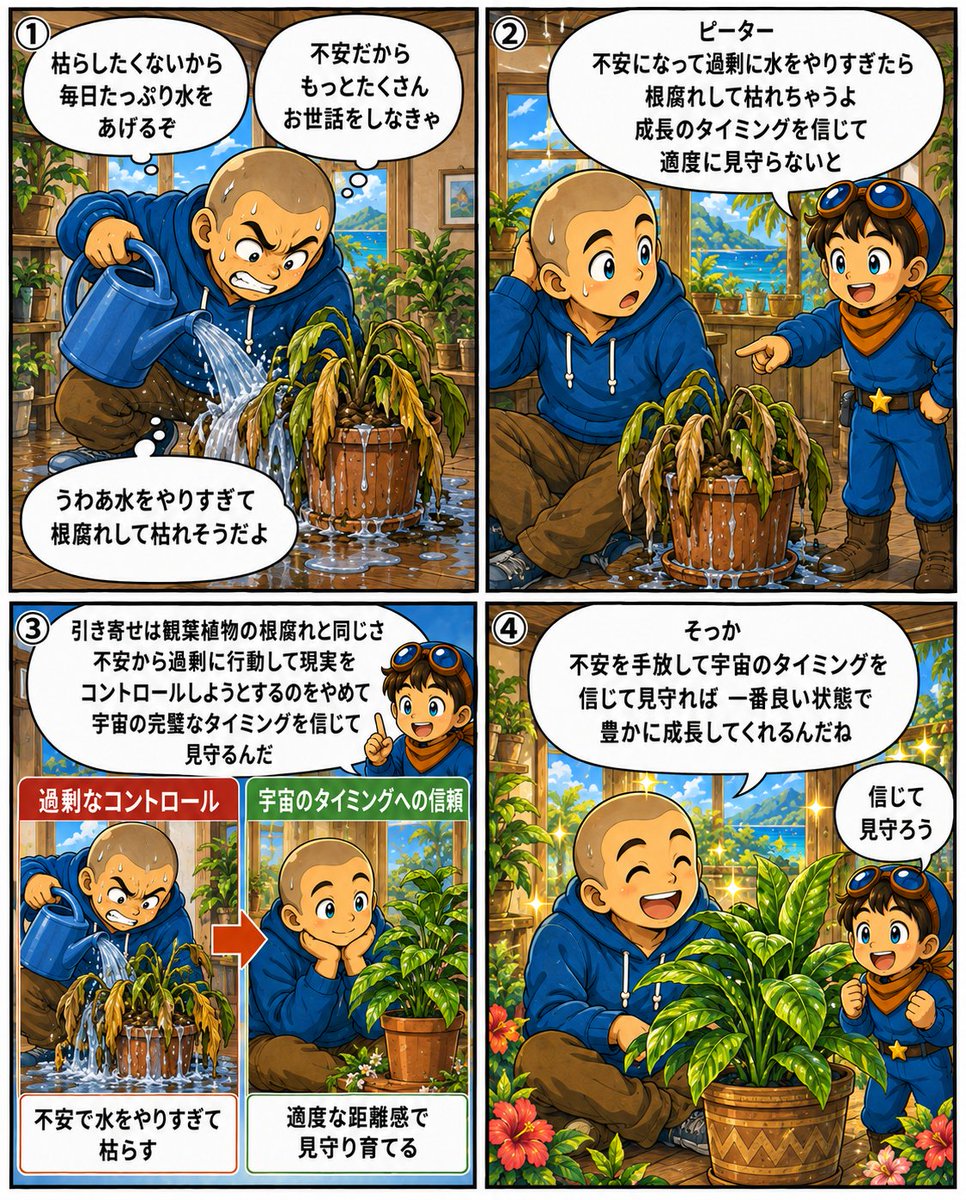 pepe222peter's tweet photo. 「なんとか叶えなきゃ！」と、
不安から過剰に行動していませんか？🪴

引き寄せは「観葉植物」と同じ。枯らしたくないと水をやりすぎると、根腐れを起こしてしまいます。

現実をコントロールしようとするのをやめ、宇宙のタイミングを信じて見守る法則は図解で😌
👇 https://t.co/WZbrwl5NcZ