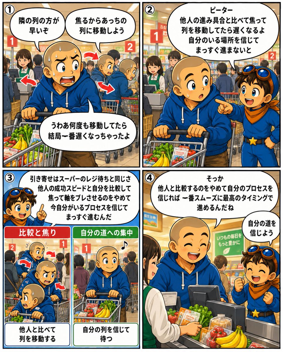 pepe222peter's tweet photo. 「あの人の方が進みが早い！」と、
他人と自分を比べて焦っていませんか？🛒

引き寄せは「スーパーのレジ待ち」と同じ。隣の列に何度も移動していると、結局一番遅くなってしまいます。

他人との比較をやめ、今自分がいる列（自分のプロセス）を信じてまっすぐ進む法則は図解で😌
👇 https://t.co/qkC5siLEDy