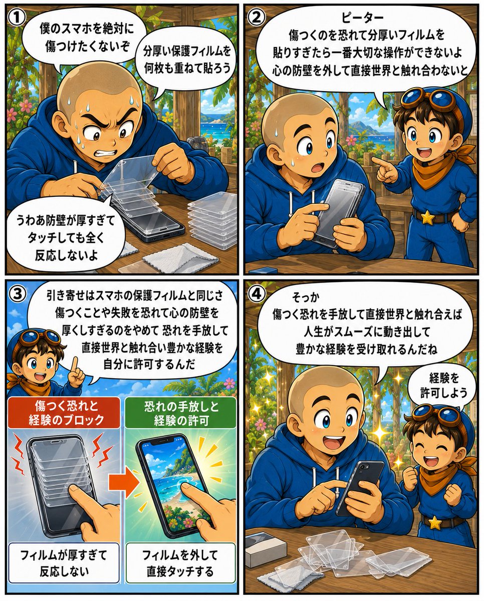 pepe222peter's tweet photo. 「絶対に傷つきたくない！」と、
心の防壁を分厚くしすぎていませんか？📱

引き寄せは「スマホの保護フィルム」と同じ。何枚も重ねて貼ると、肝心のタッチ操作が反応しなくなります。

傷つく恐れを手放し、直接世界と触れ合う（経験を許可する）法則は図解で😌
👇 https://t.co/t0NrjApASU